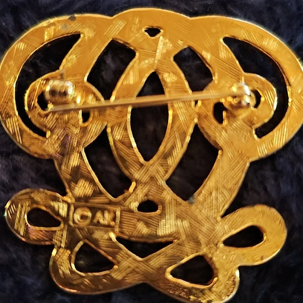 Vintage Marked AK Anne Klein Navy And Gold Swirl Brooch Pin